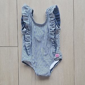 Ruffle Butts Navy and White Striped Kids Swim One Piece